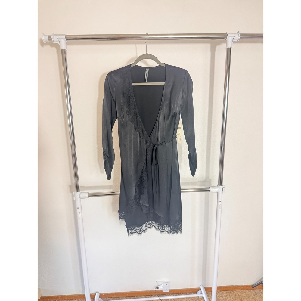 Anthropologie Black Satin Lace Trim Wrap Dress Long Sleeve XXS NWT
